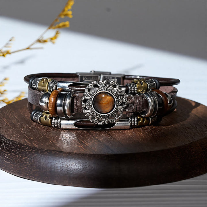 Western Flower Gemstone Multi-layer Leather Stainless Steel Bracelet - Style#3 - image 6