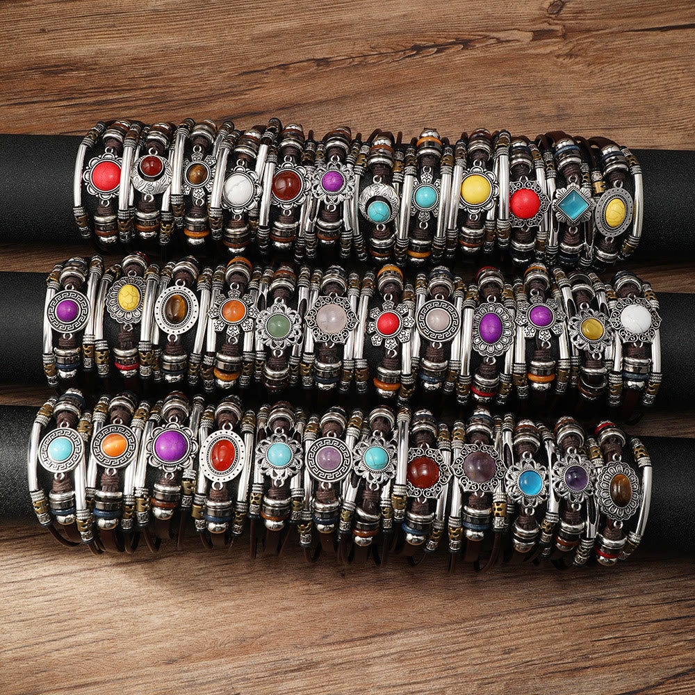 Vintage Boho Cat's Eye Stone Filigree Leather Bracelet - 2-Piece Set (Random Color/Style) - image 0