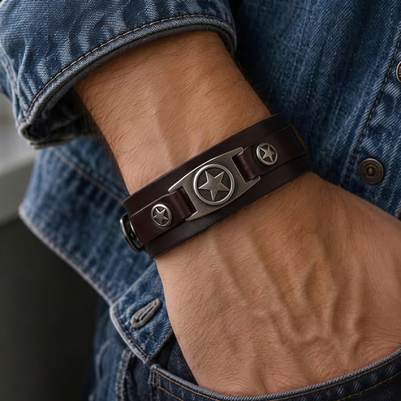 Vintage Star Studded Leather Cuff Bracelet With Pin Clasp - image 1