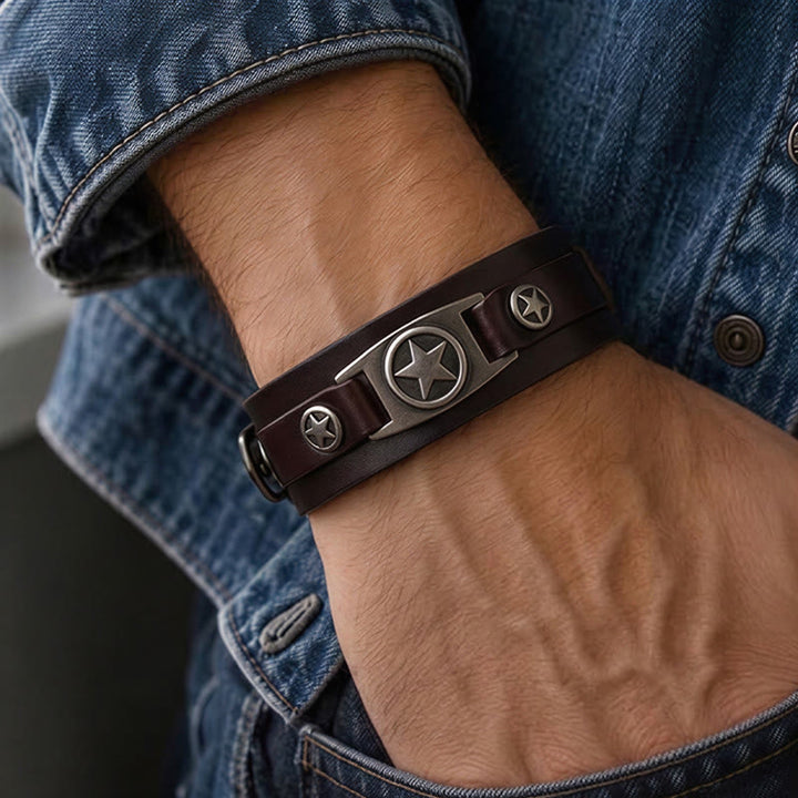 Vintage Star Studded Leather Cuff Bracelet With Pin Clasp - image 1