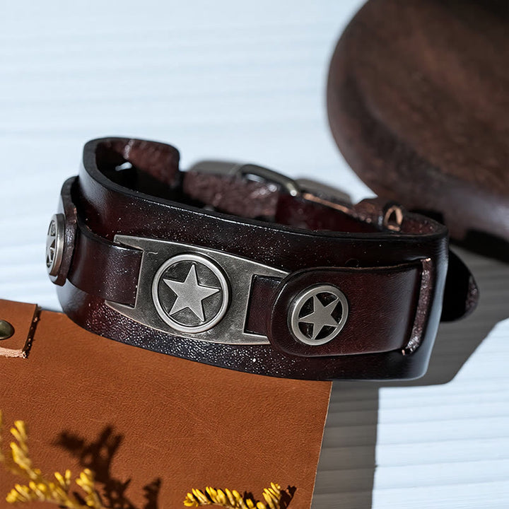 Vintage Star Studded Leather Cuff Bracelet With Pin Clasp - image 5