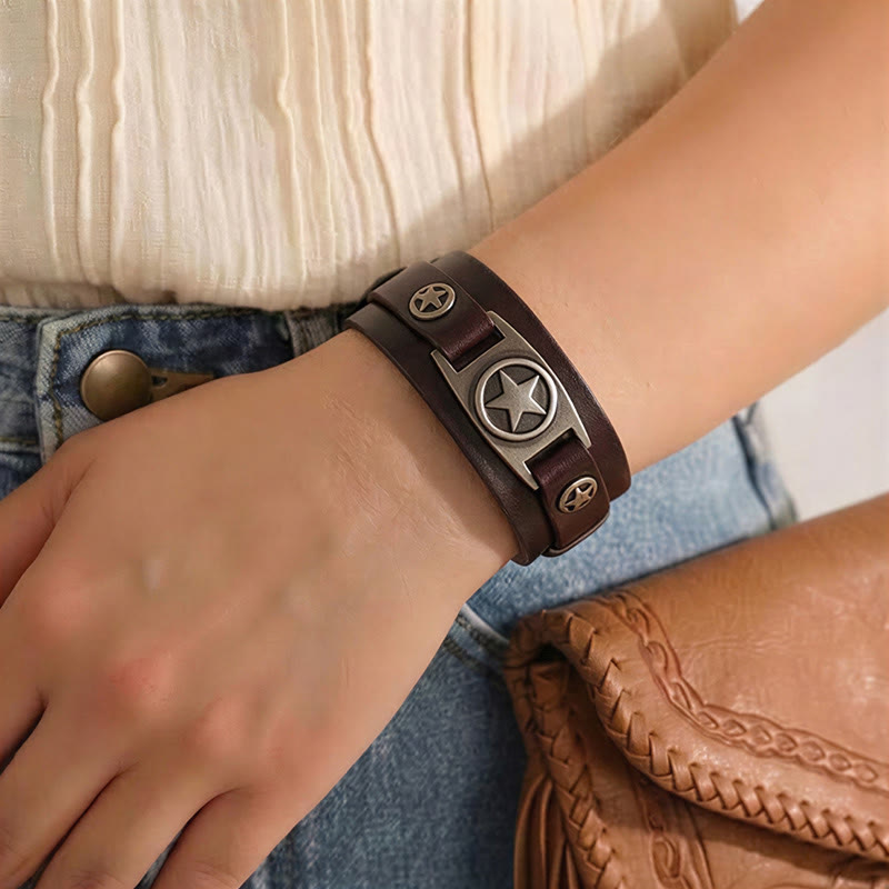 Vintage Star Studded Leather Cuff Bracelet With Pin Clasp - image 2