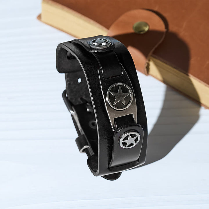 Vintage Star Studded Leather Cuff Bracelet With Pin Clasp - Black - image 0