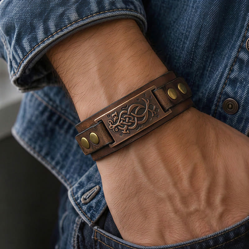 Vintage Distressed Leather Celtic Knot Cuff Bracelet - image 1