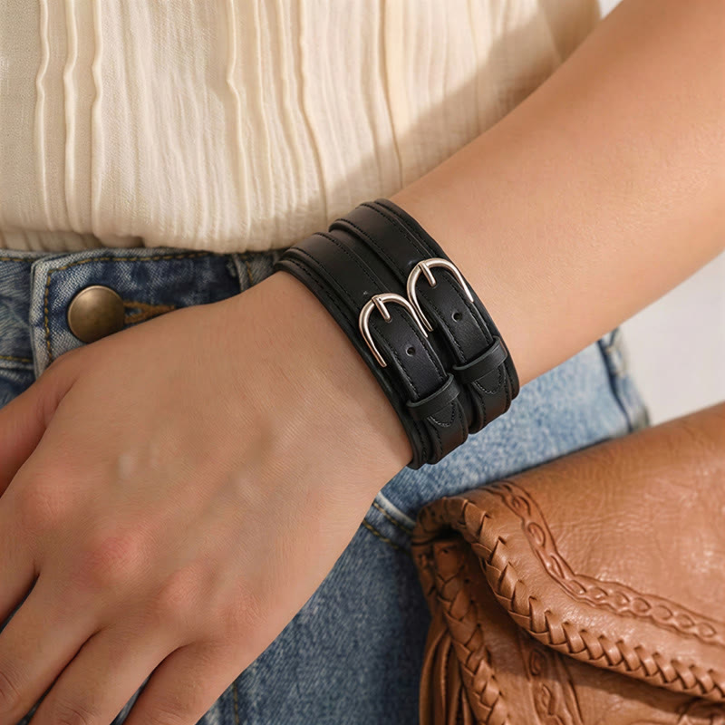 Vintage Double-Strap Top-grain Leather Dual Buckle Wide Cuff - image 2