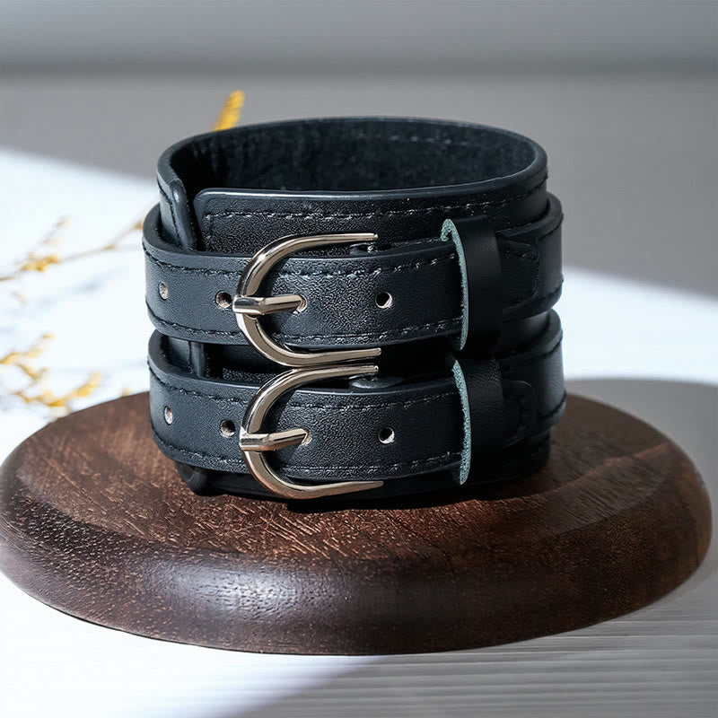 Vintage Double-Strap Top-grain Leather Dual Buckle Wide Cuff - image 6