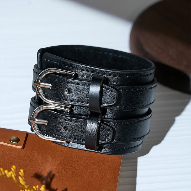 Vintage Double-Strap Top-grain Leather Dual Buckle Wide Cuff - image 5