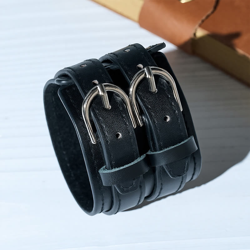 Vintage Double-Strap Top-grain Leather Dual Buckle Wide Cuff - Black - image 0