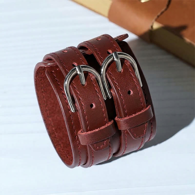 Vintage Double-Strap Top-grain Leather Dual Buckle Wide Cuff - Brown - image 4