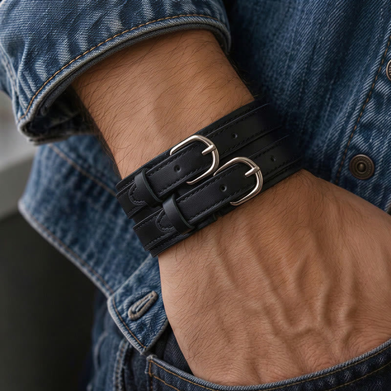 Vintage Double-Strap Top-grain Leather Dual Buckle Wide Cuff - image 1