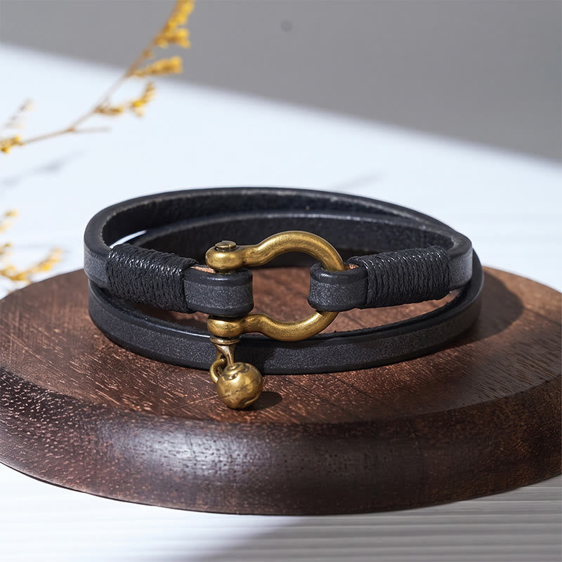 Men's Vintage Two-Wrap Leather Horseshoe Clasp Bracelet - Black - image 4