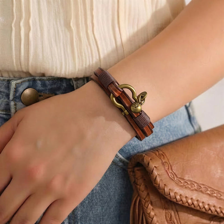Men's Vintage Two-Wrap Leather Horseshoe Clasp Bracelet - image 2