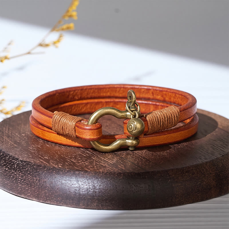 Men's Vintage Two-Wrap Leather Horseshoe Clasp Bracelet - Yellow - image 3