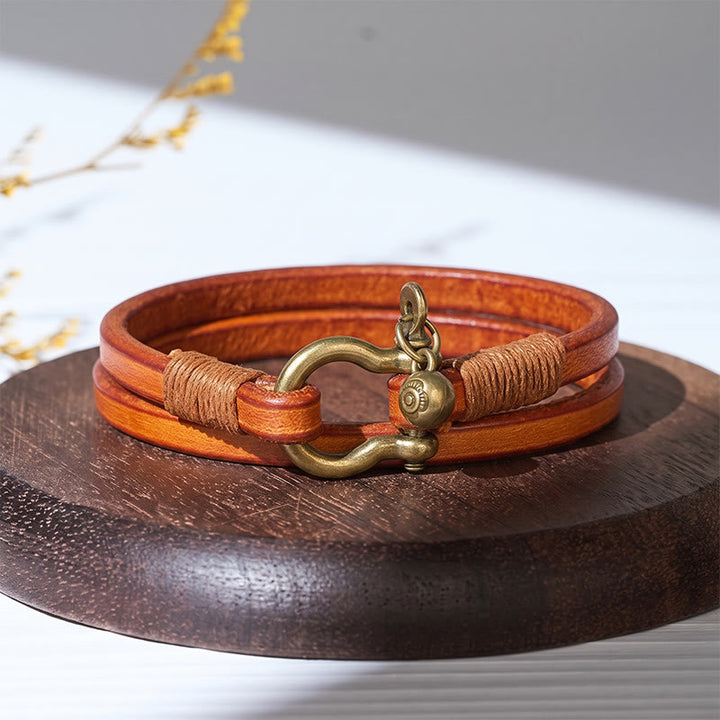 Men's Vintage Two-Wrap Leather Horseshoe Clasp Bracelet - Yellow - image 3