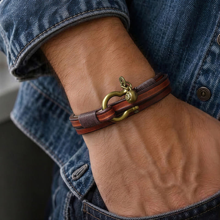 Men's Vintage Two-Wrap Leather Horseshoe Clasp Bracelet - image 1
