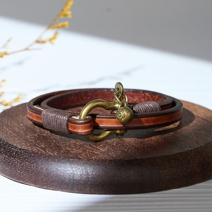 Men's Vintage Two-Wrap Leather Horseshoe Clasp Bracelet - Brown - image 5