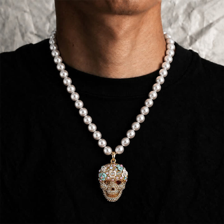 Floral Crystal Rhinestone Sugar Skull Pearl Necklace - image 1