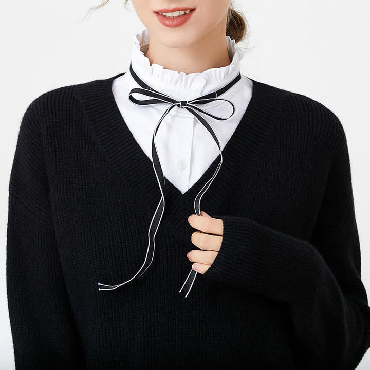 Bow Knot Ribbon Tie White Ruffled Removable Fake Collar - image 0