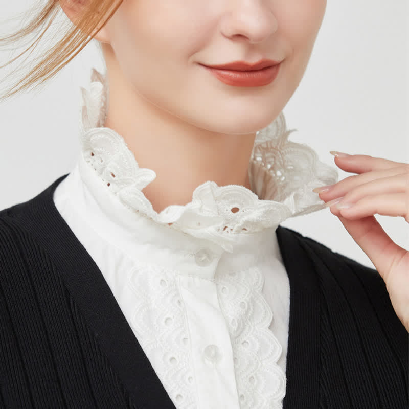 Women's White Eyelet Lace Ruffled Detachable Stand Fake Collar - image 2