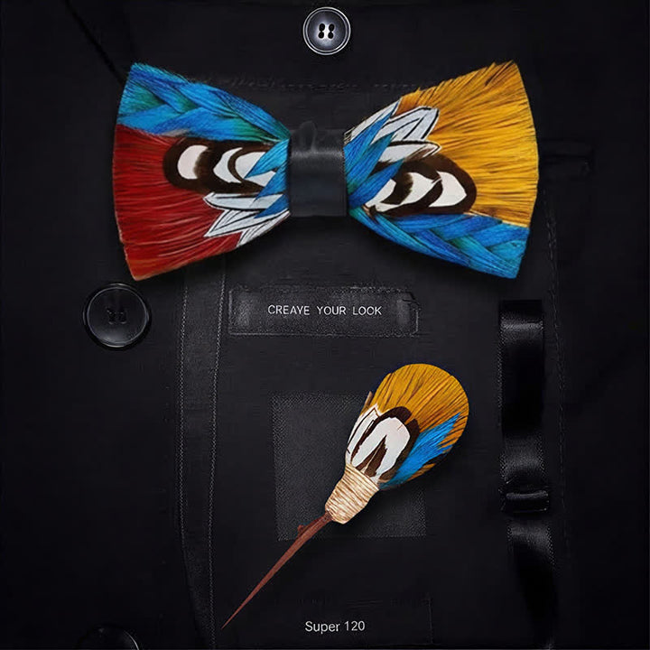 Crimson & Golden Aurora Pheasant Royal Blue Feather Bow Tie with Lapel Pin - image 5