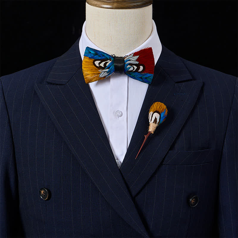 Crimson & Golden Aurora Pheasant Royal Blue Feather Bow Tie with Lapel Pin - image 1