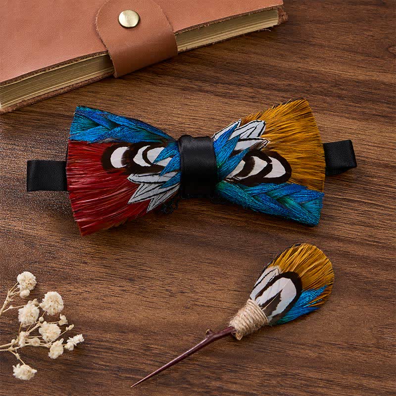 Crimson & Golden Aurora Pheasant Royal Blue Feather Bow Tie with Lapel Pin - Blue & Crimson & Golden - image 2