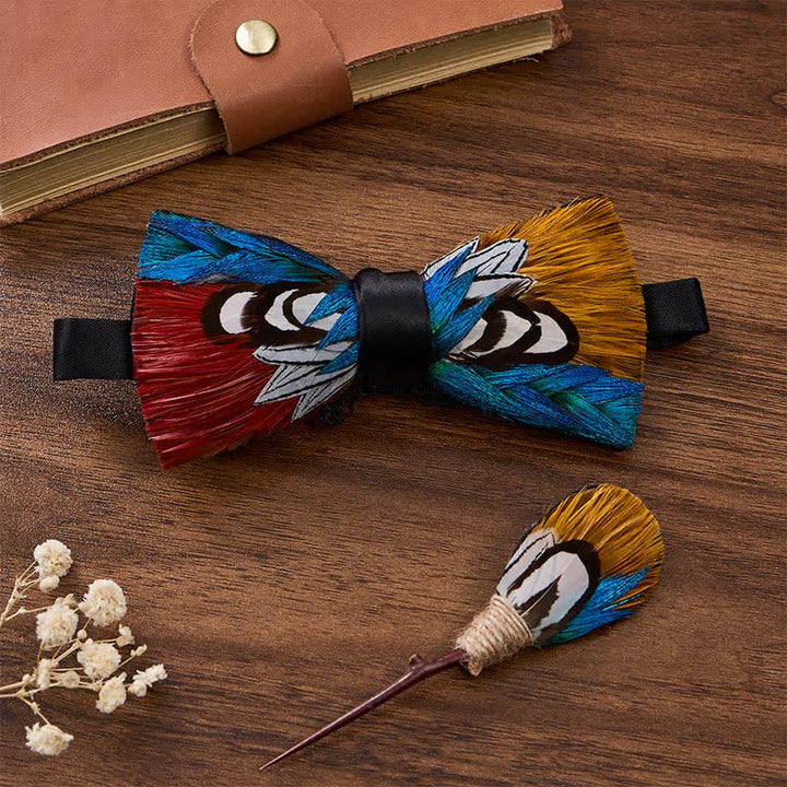 Crimson & Golden Aurora Pheasant Royal Blue Feather Bow Tie with Lapel Pin - Blue & Crimson & Golden - image 2