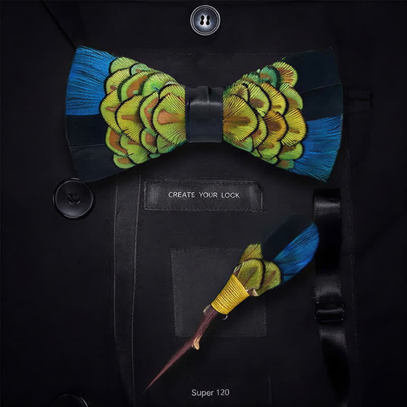 Blue & Black Midnight Peacock Feather Bow Tie with Lapel Pin - image 5