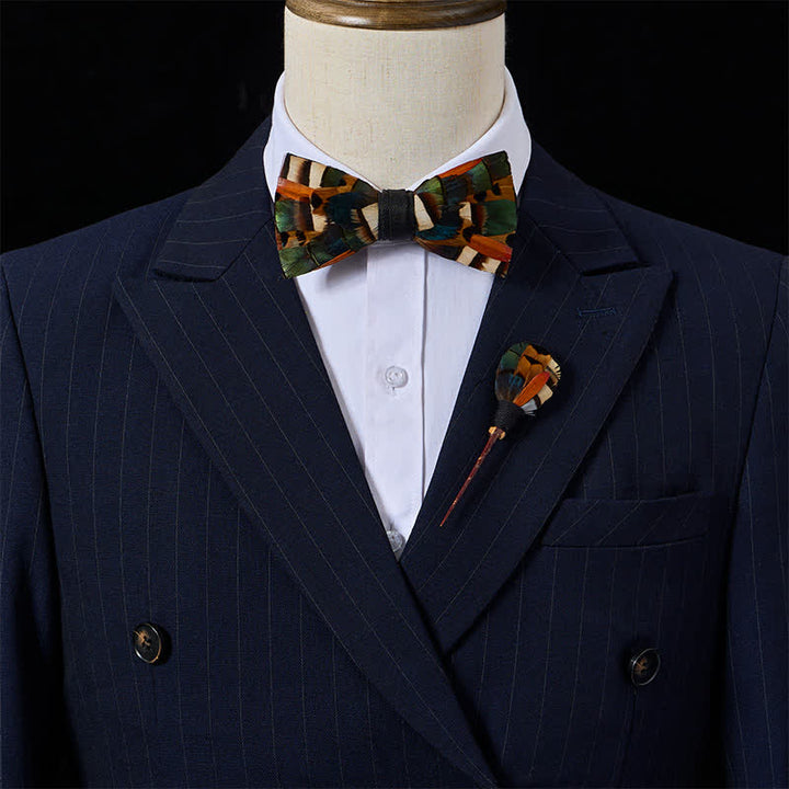 Rust Orange & Olive Green Autumn Mosaic Feather Bow Tie with Lapel Pin - image 1