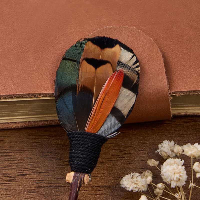 Rust Orange & Olive Green Autumn Mosaic Feather Bow Tie with Lapel Pin - image 4