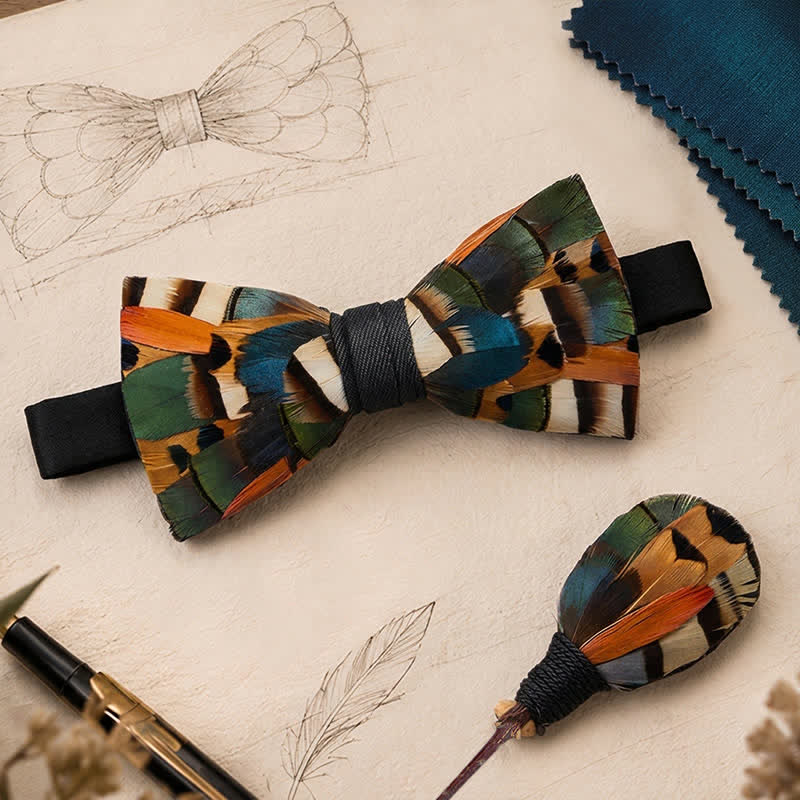 Rust Orange & Olive Green Autumn Mosaic Feather Bow Tie with Lapel Pin - image 0