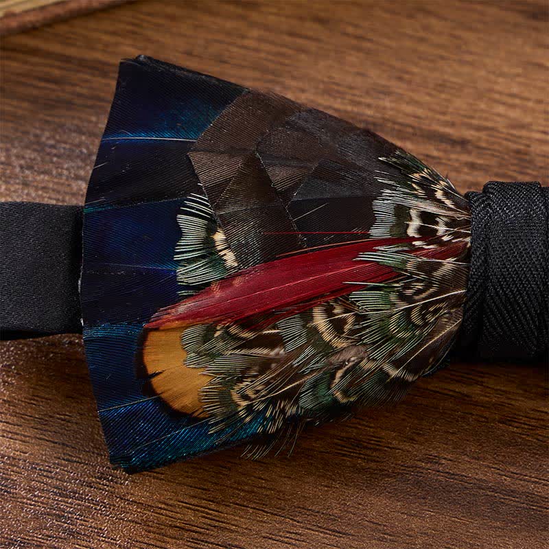 Chocolate Brown & Midnight Blue Noir Feather Bow Tie with Lapel Pin - image 3