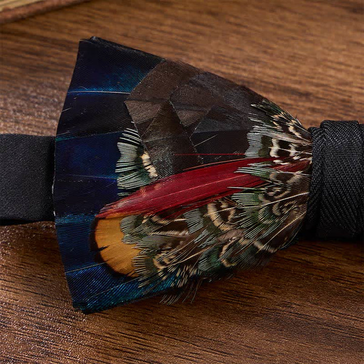 Chocolate Brown & Midnight Blue Noir Feather Bow Tie with Lapel Pin - image 3