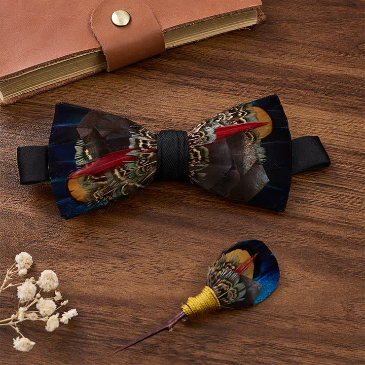 Chocolate Brown & Midnight Blue Noir Feather Bow Tie with Lapel Pin - Chocolate Brown & Midnight Blue - image 2