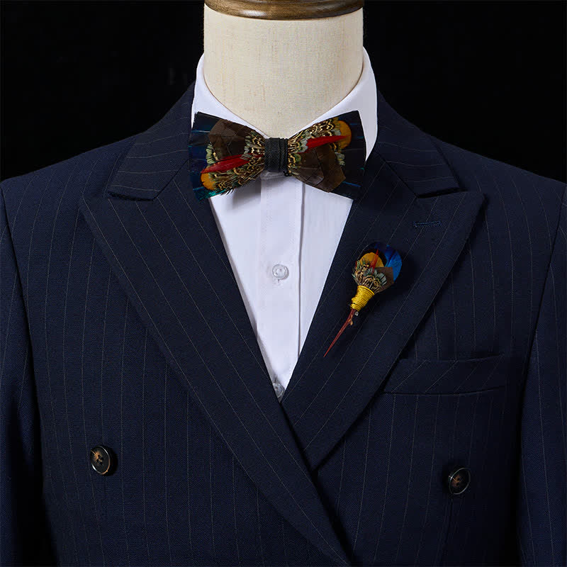 Chocolate Brown & Midnight Blue Noir Feather Bow Tie with Lapel Pin - image 1