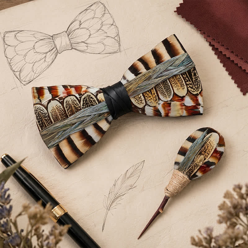 Brown & Ivory Striped Woodland Pheasant Feather Bow Tie with Lapel Pin - image 0