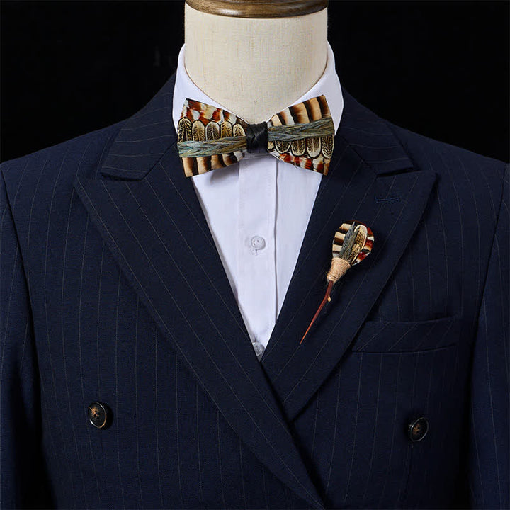 Brown & Ivory Striped Woodland Pheasant Feather Bow Tie with Lapel Pin - image 1