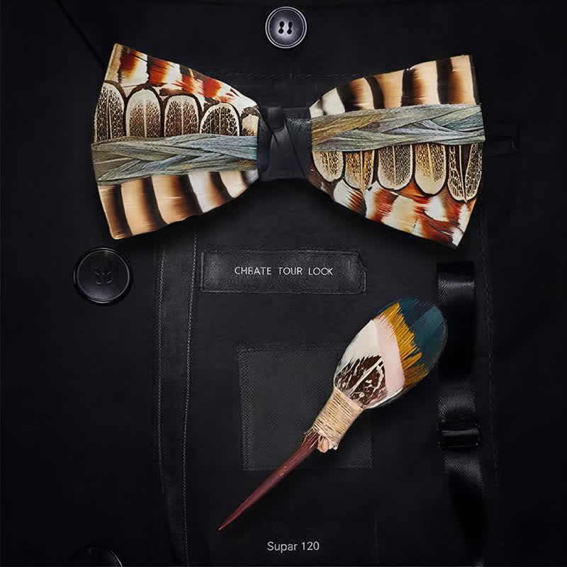 Brown & Ivory Striped Woodland Pheasant Feather Bow Tie with Lapel Pin - image 5