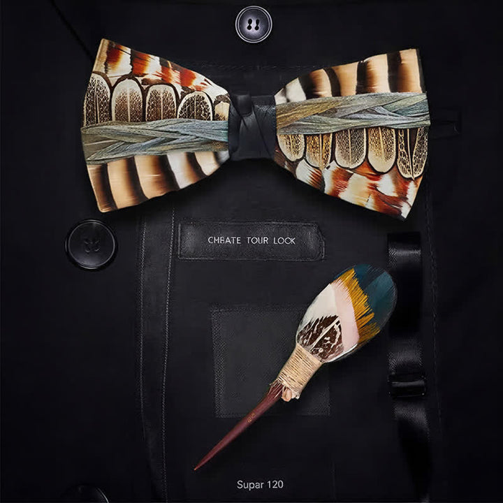 Brown & Ivory Striped Woodland Pheasant Feather Bow Tie with Lapel Pin - image 5
