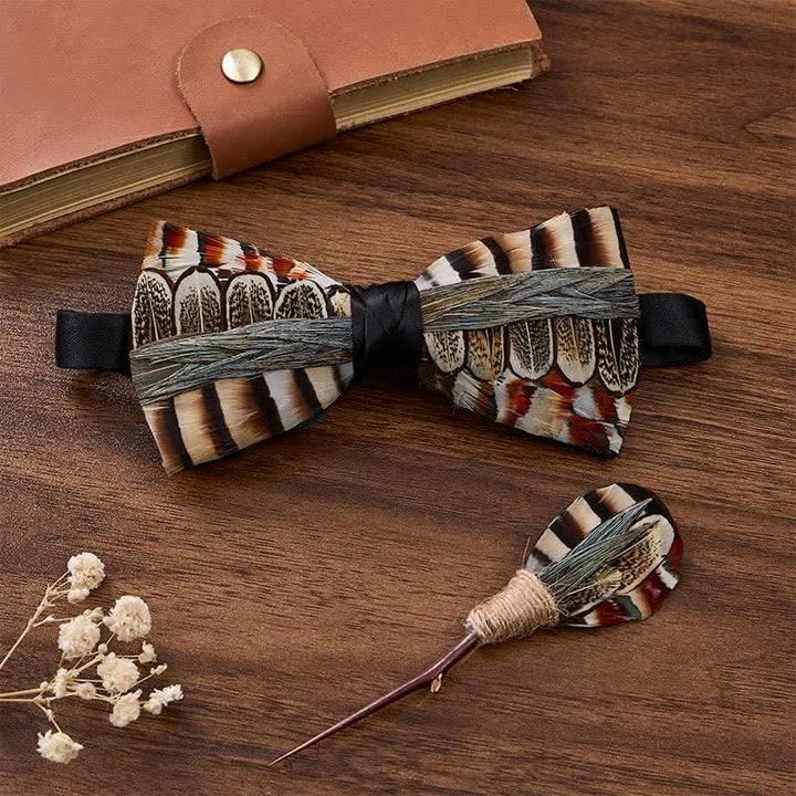 Brown & Ivory Striped Woodland Pheasant Feather Bow Tie with Lapel Pin - Brown & Ivory - image 2