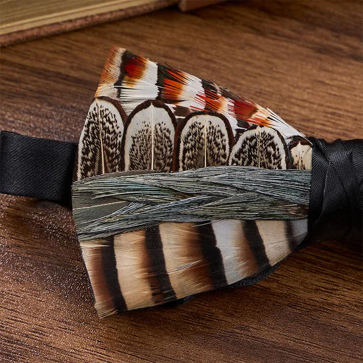 Brown & Ivory Striped Woodland Pheasant Feather Bow Tie with Lapel Pin - image 3