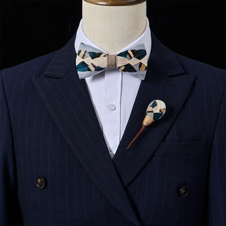 Slate Gray & Teal Coastal Geometric Feather Bow Tie with Lapel Pin - image 1