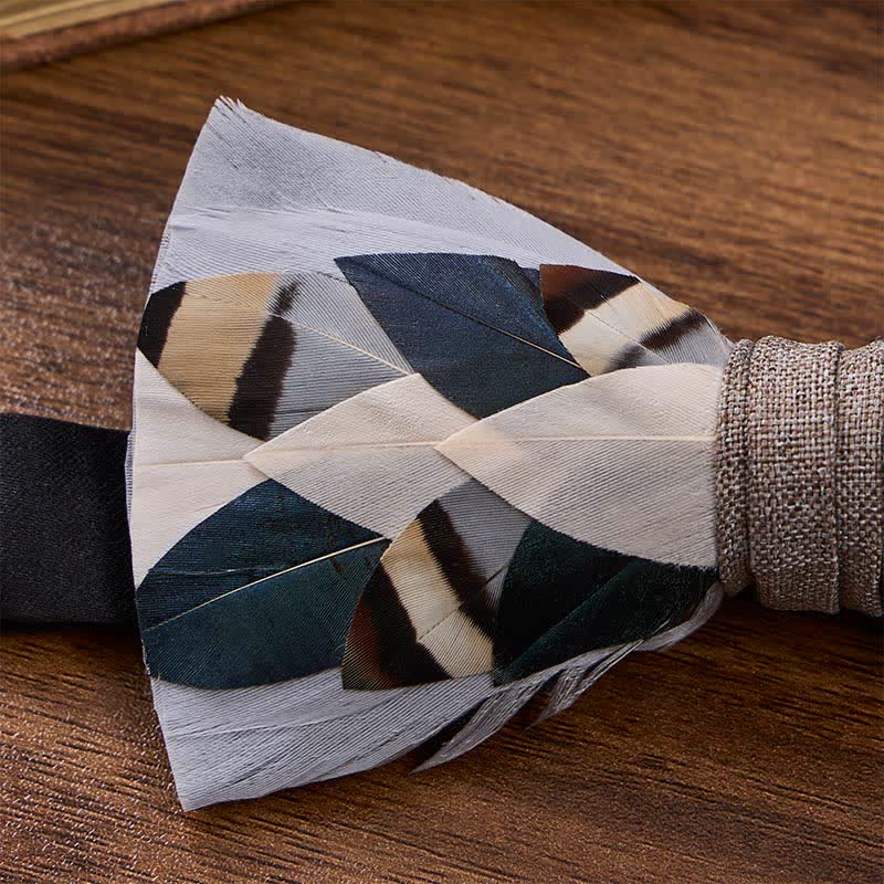 Slate Gray & Teal Coastal Geometric Feather Bow Tie with Lapel Pin - image 3