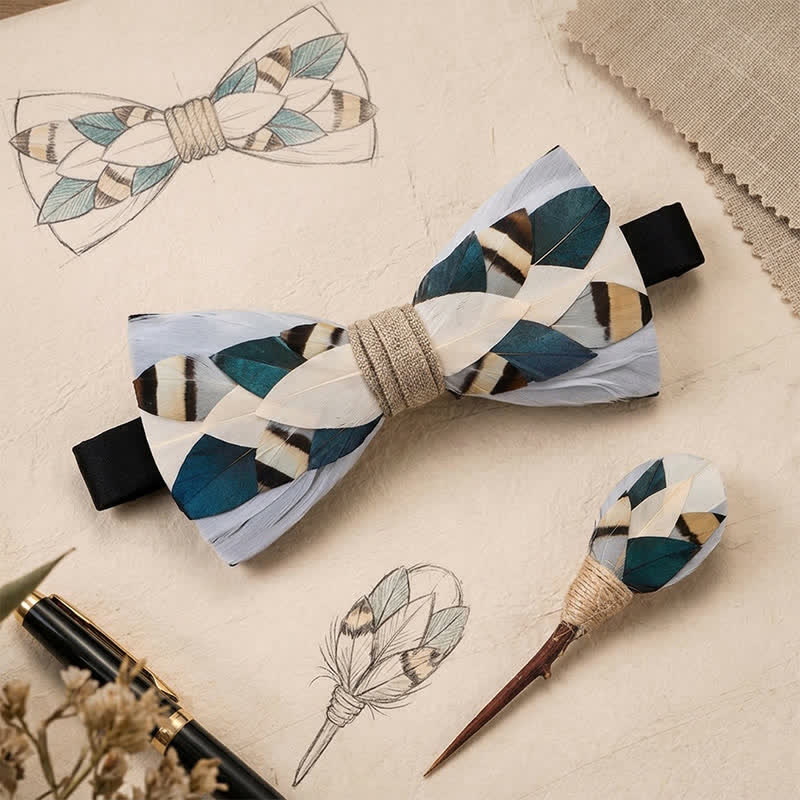 Slate Gray & Teal Coastal Geometric Feather Bow Tie with Lapel Pin - image 0
