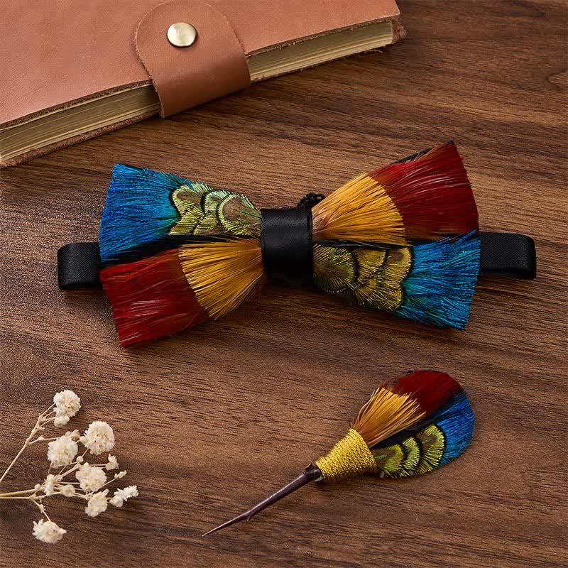 Multicolor Fiesta Carnival Feather Bow Tie with Lapel Pin - Multicolor - image 2