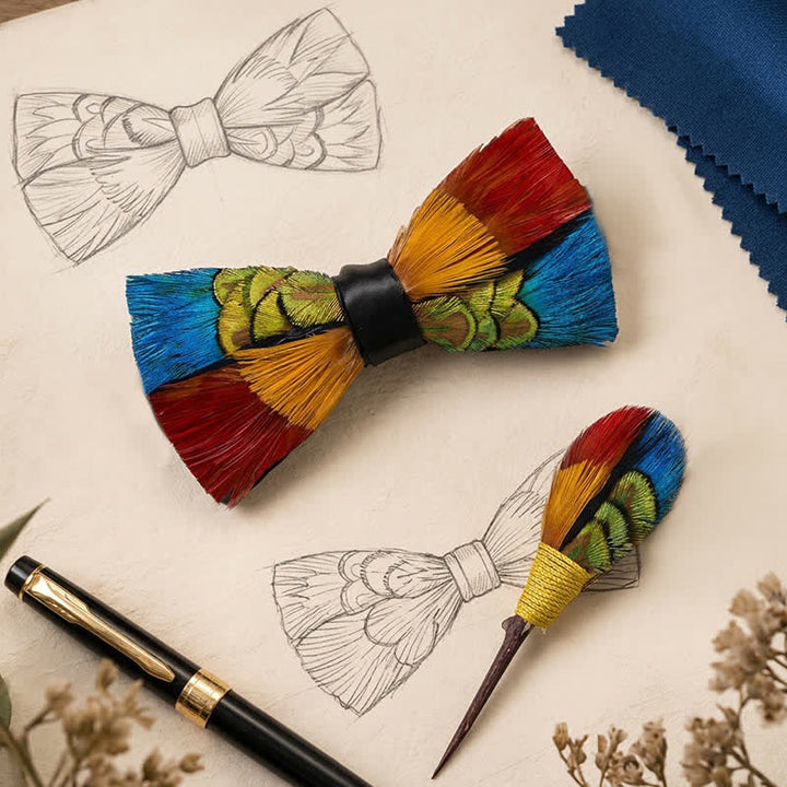 Multicolor Fiesta Carnival Feather Bow Tie with Lapel Pin - image 0