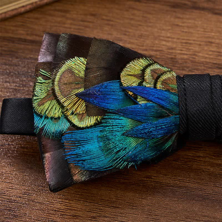 Jet Black & Blue Midnight Peacock Feather Bow Tie with Lapel Pin - image 3