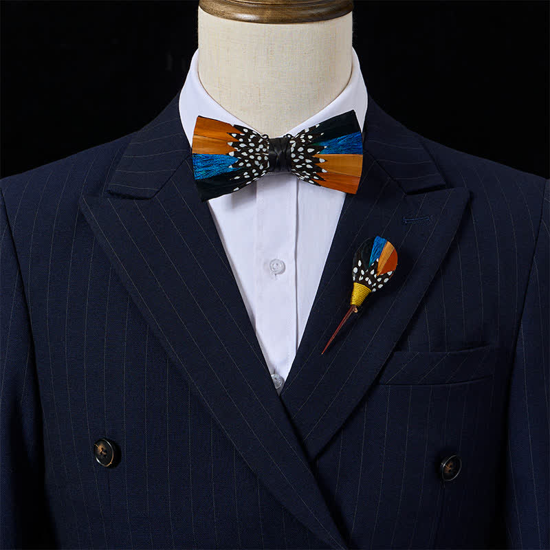 Orange & Blue Savanna Spots Polka Dot Feather Bow Tie with Lapel Pin - image 1