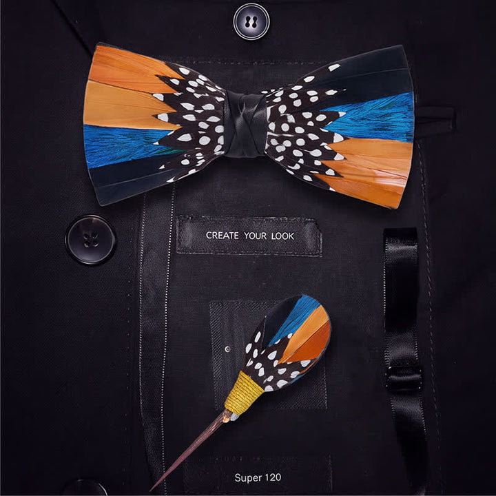 Orange & Blue Savanna Spots Polka Dot Feather Bow Tie with Lapel Pin - image 5