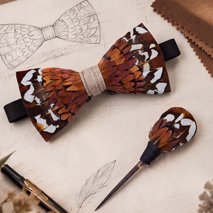 Country Chestnut Brown Autumn Pheasant Feather Bow Tie with Lapel Pin - image 0